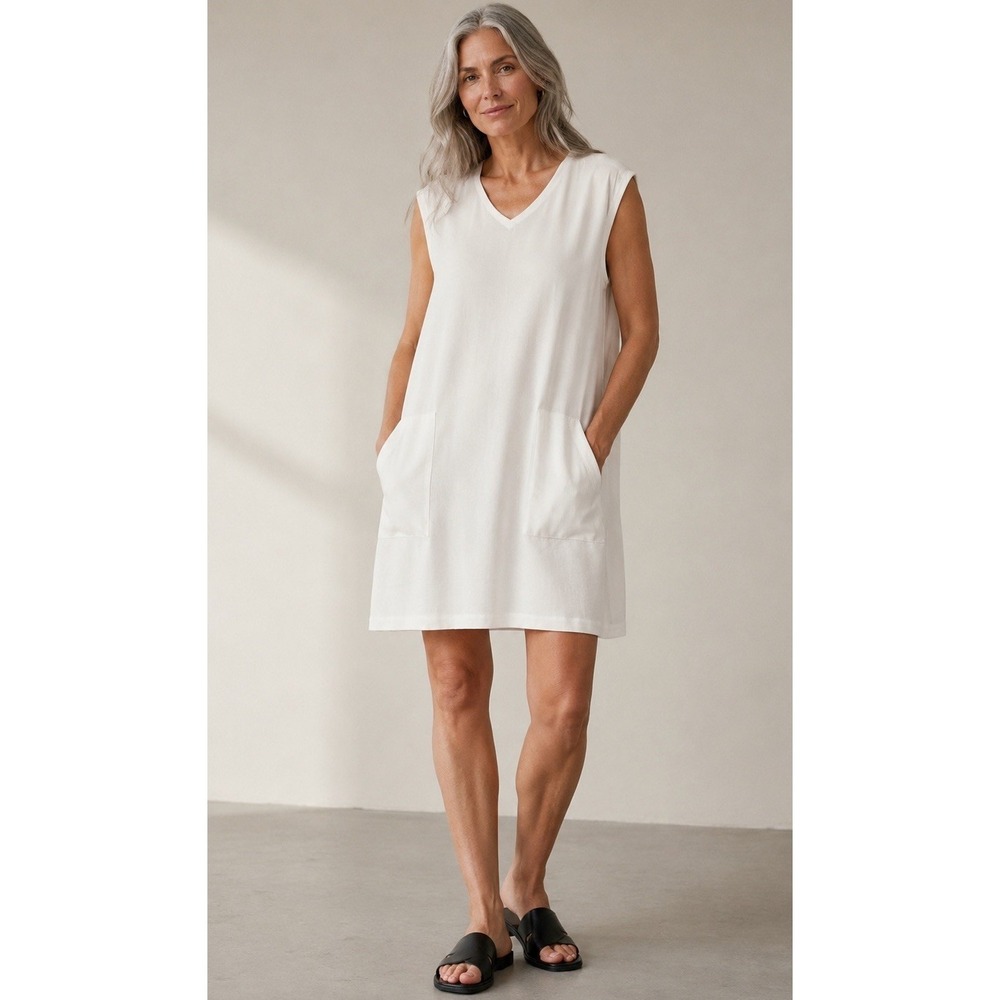 EILEEN FISHER Silk Tunic V-Neck Sleeveless Top Dress S Lagenlook Minimalistic